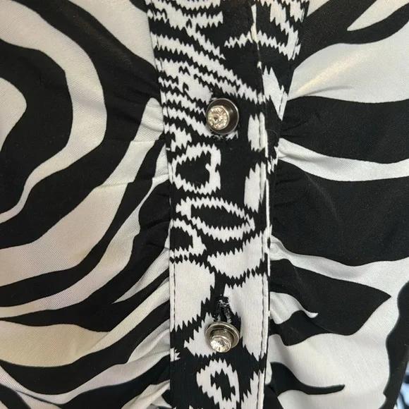 Mesmerize Zebra Print Blouse with Ruched Front and Rhinestone Button Detail - Picture 5 of 5